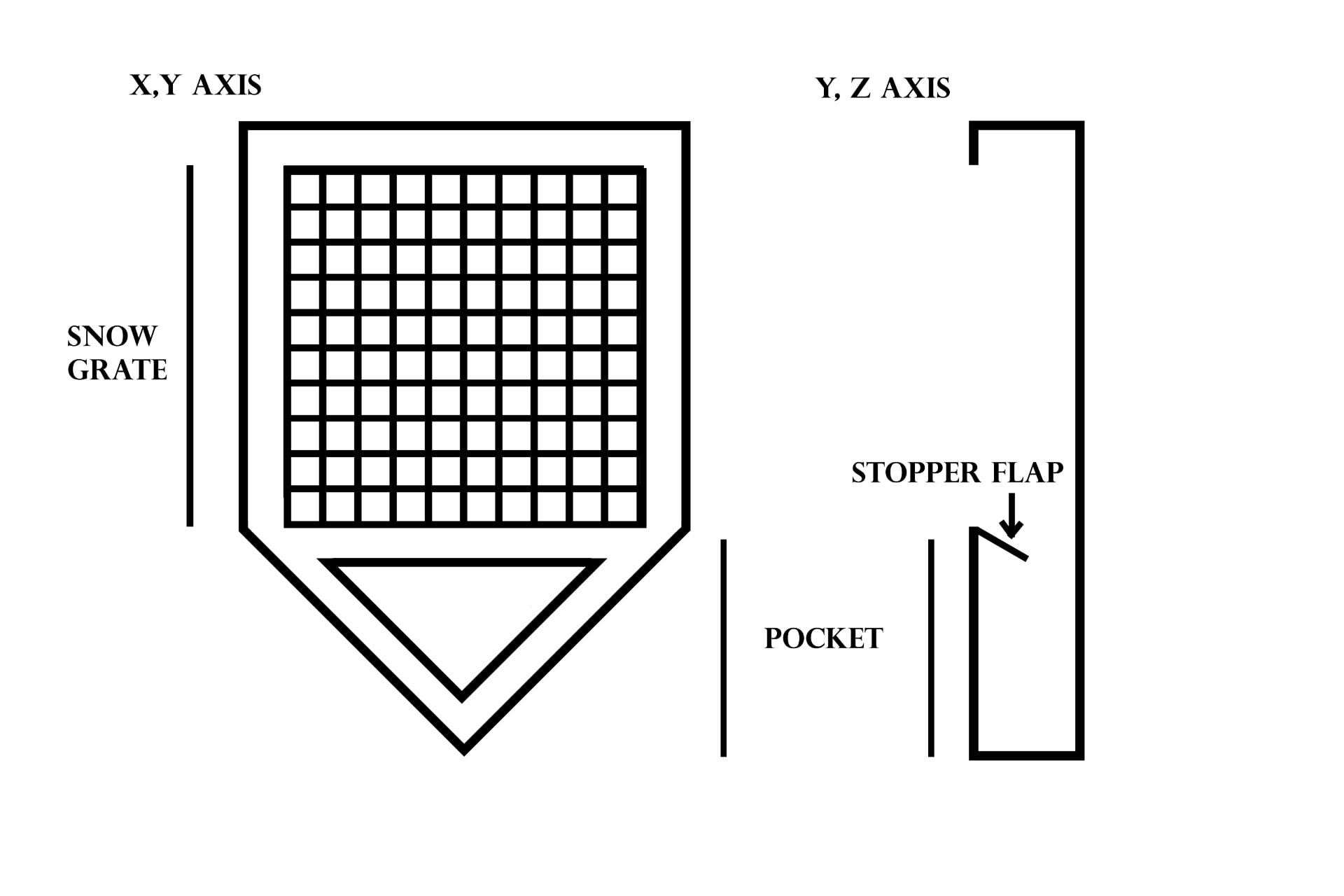 Technical diagram of the scoring vest showing the snow grate, pocket and stopper flap